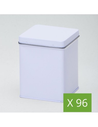 Pack of 96 square white tins (approx. 100g)