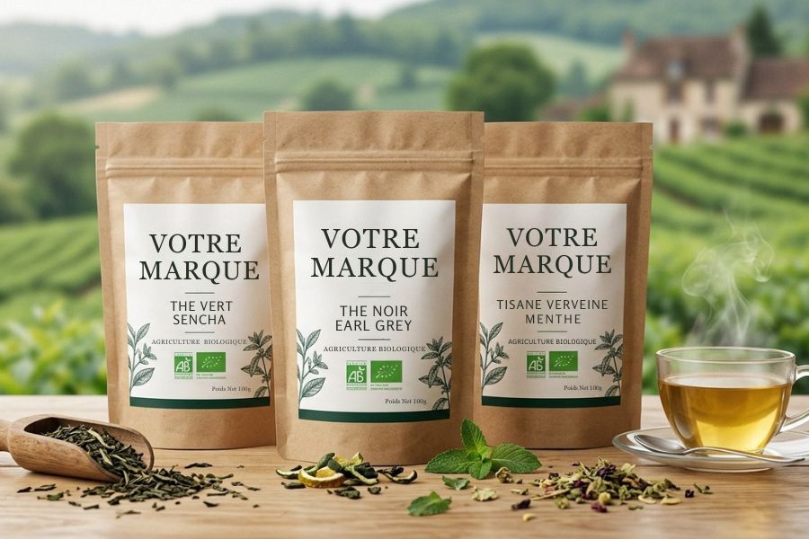 Marque blanche thé bio - sachets personnalisés Grossiste-The.com
